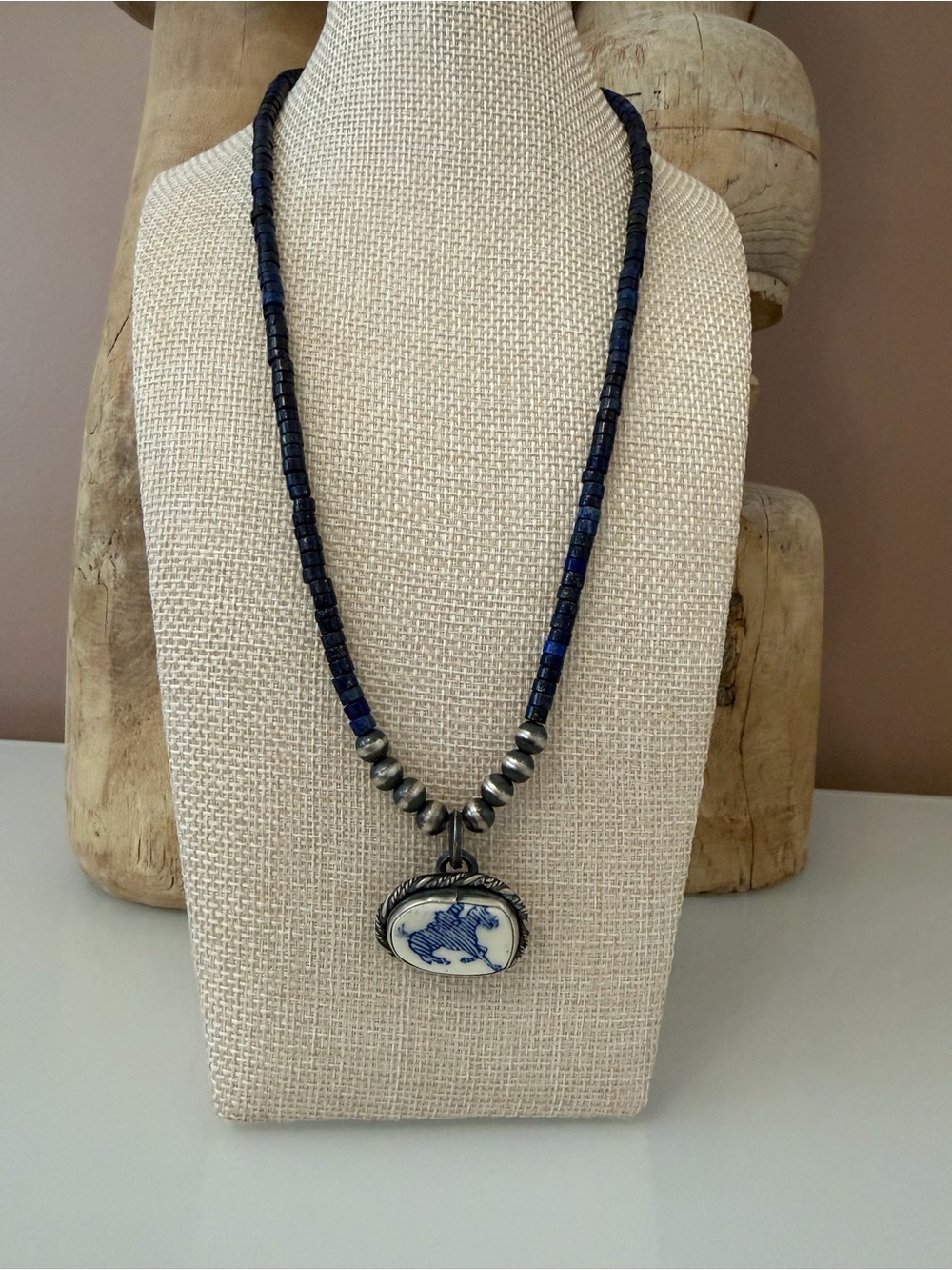 Hand-Strung Blue Lapis Pendant Necklace with Ceramic Horse - Picture 2 of 6